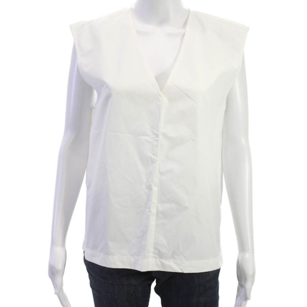 Kal Rieman Womens Sleeveless V-Neck Cotton Button Basic Blouse White Size M